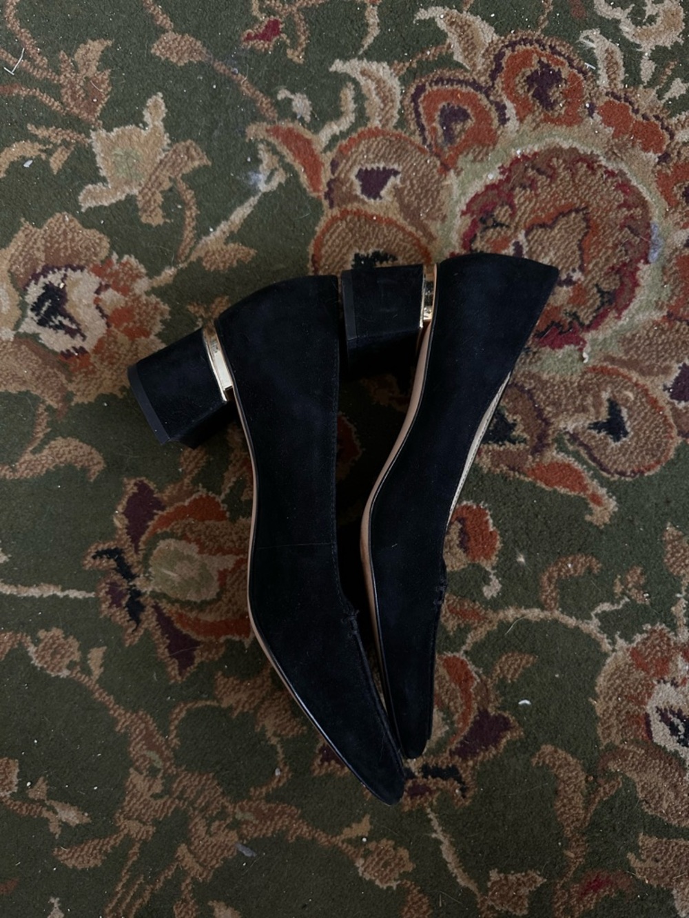 Black Suede Pointed Toe Block Heel Pumps - Picture 4 of 8